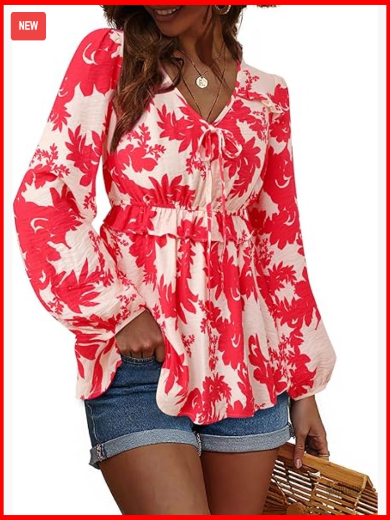 V Neck Ruffle Blouse Ruched Waist Lantern Sleeve Peplum Top